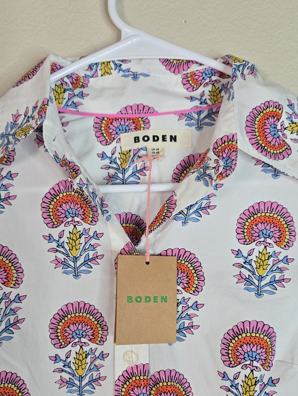 Boden  Sienna White Button-Down Shirt with Pink & Blue Floral Motif Size 0R Nwt - Picture 3 of 7